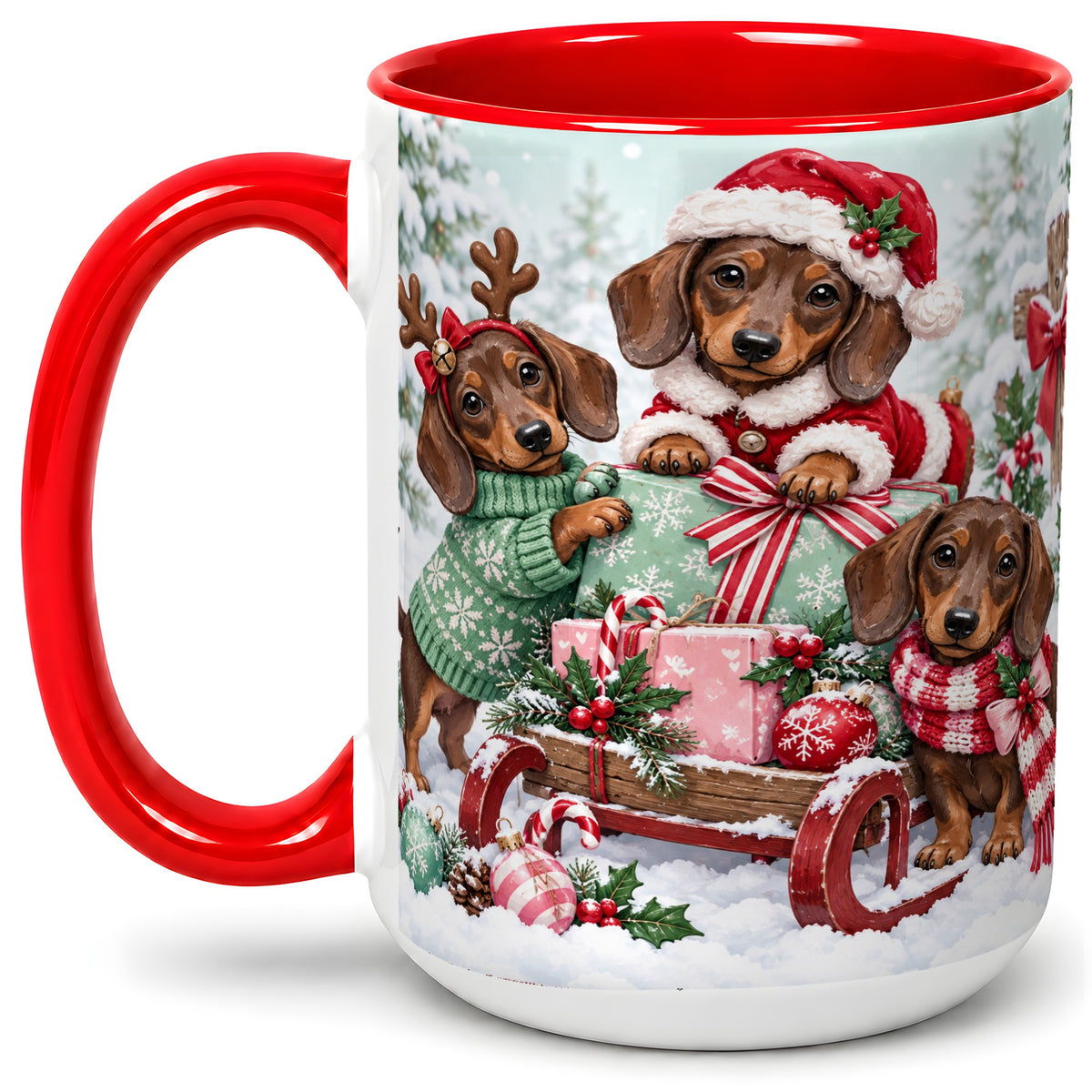 #pl[15oz|Red] Christmas Dachshund Ceramic Mug, Winter Sled Design for Dog Lovers