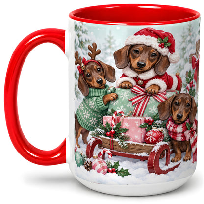 #pl[15oz|Red] Christmas Dachshund Ceramic Mug, Winter Sled Design for Dog Lovers