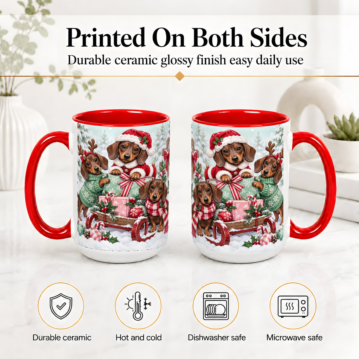 #pl[15oz|Red] Christmas Dachshund Ceramic Mug, Winter Sled Design for Dog Lovers