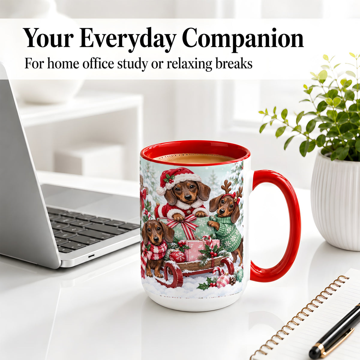 #pl[15oz|Red] Christmas Dachshund Ceramic Mug, Winter Sled Design for Dog Lovers