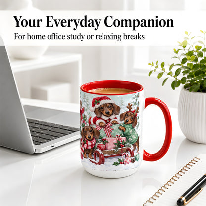 #pl[15oz|Red] Christmas Dachshund Ceramic Mug, Winter Sled Design for Dog Lovers