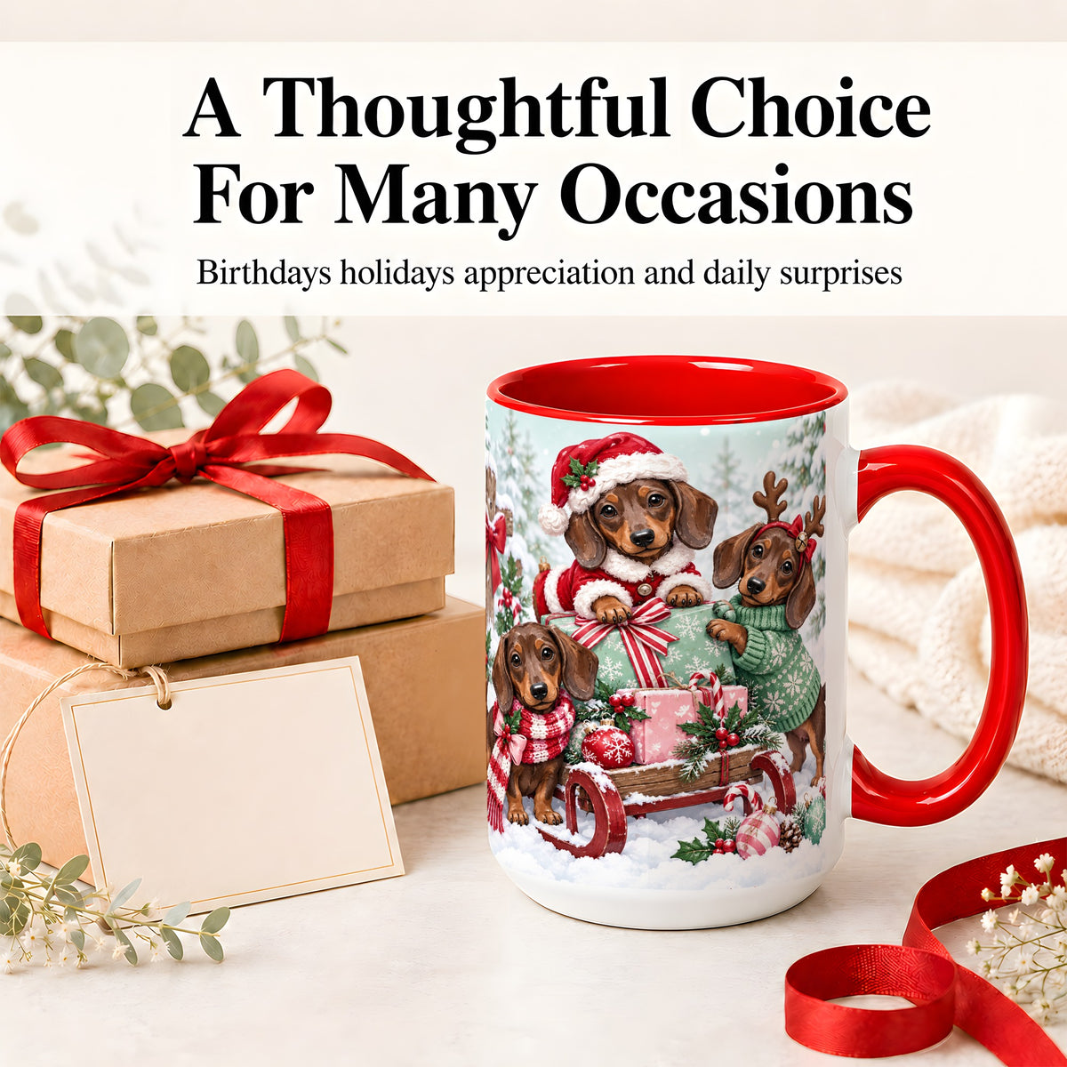 #pl[15oz|Red] Christmas Dachshund Ceramic Mug, Winter Sled Design for Dog Lovers