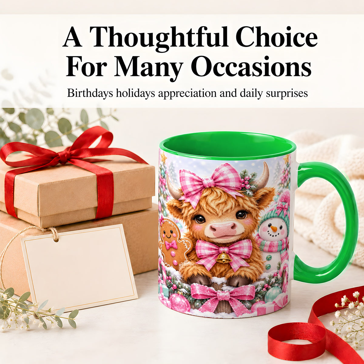 #pl[11oz|Green] Pink Highland Cow Christmas Ceramic Mug, Snowman Gingerbread Design