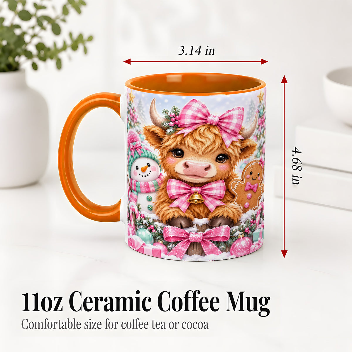 #pl[11oz|Orange] Pink Highland Cow Christmas Ceramic Mug, Snowman Gingerbread Design