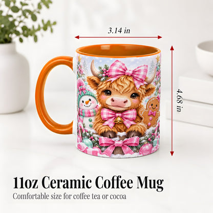 #pl[11oz|Orange] Pink Highland Cow Christmas Ceramic Mug, Snowman Gingerbread Design