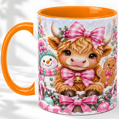 #pl[11oz|Orange] Pink Highland Cow Christmas Ceramic Mug, Snowman Gingerbread Design
