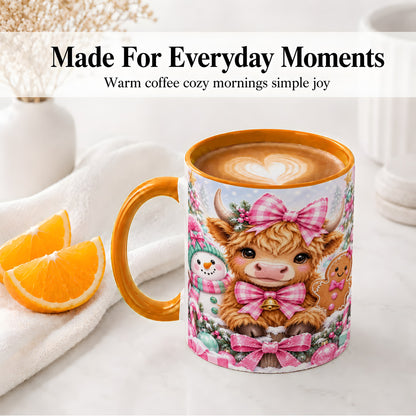 #pl[11oz|Orange] Pink Highland Cow Christmas Ceramic Mug, Snowman Gingerbread Design