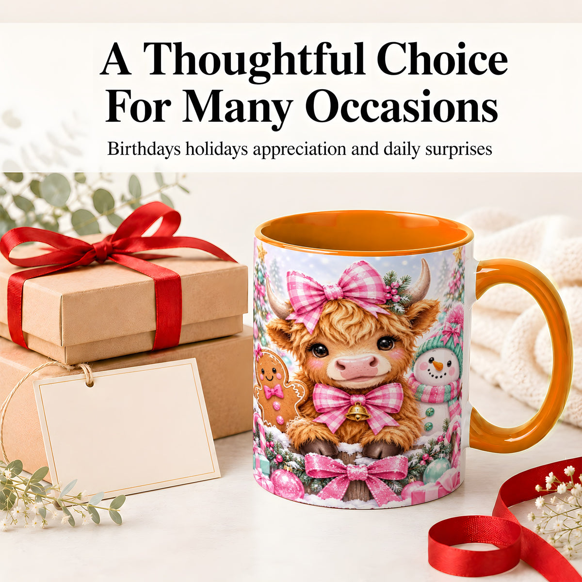 #pl[11oz|Orange] Pink Highland Cow Christmas Ceramic Mug, Snowman Gingerbread Design