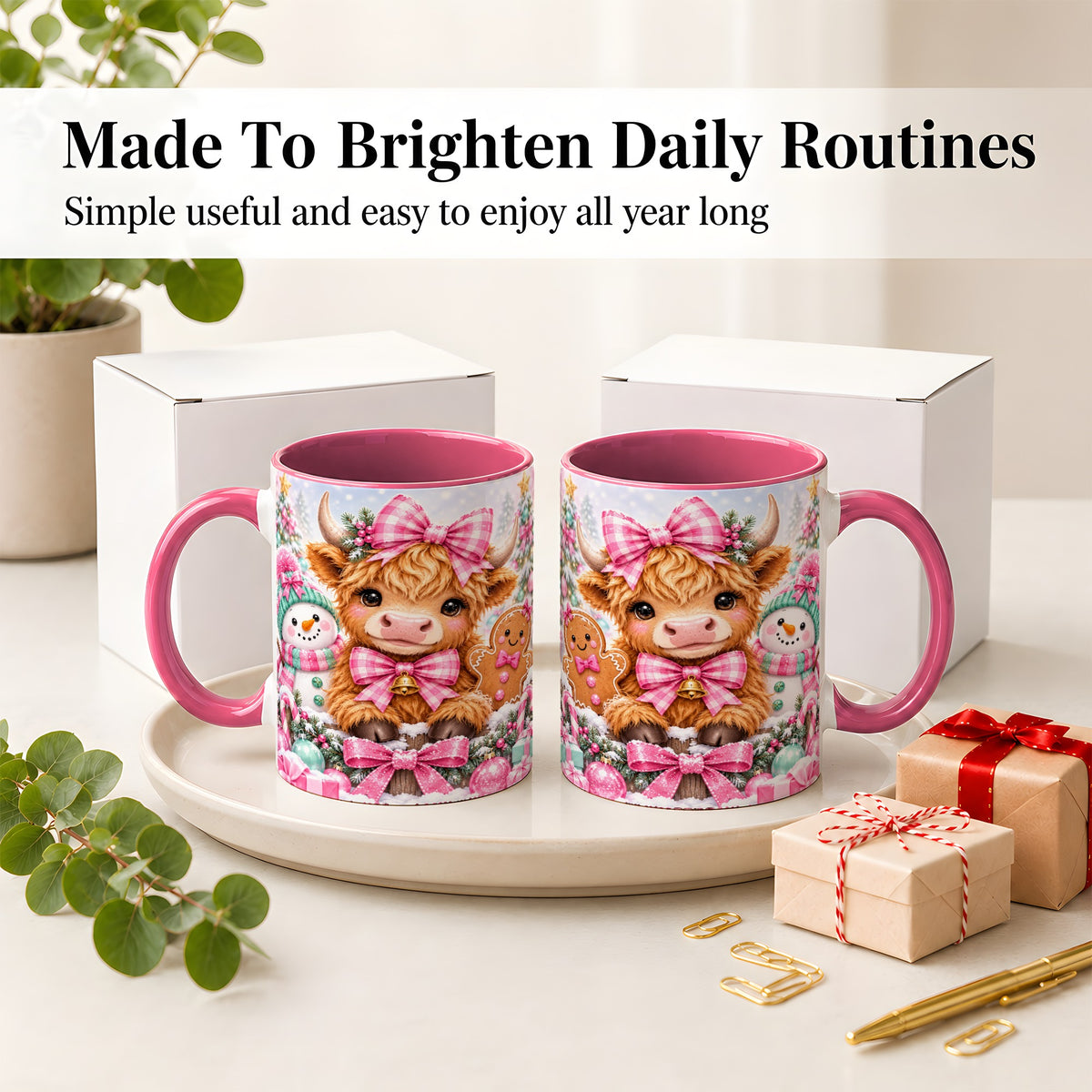 #pl[11oz|Pink] Pink Highland Cow Christmas Ceramic Mug, Snowman Gingerbread Design