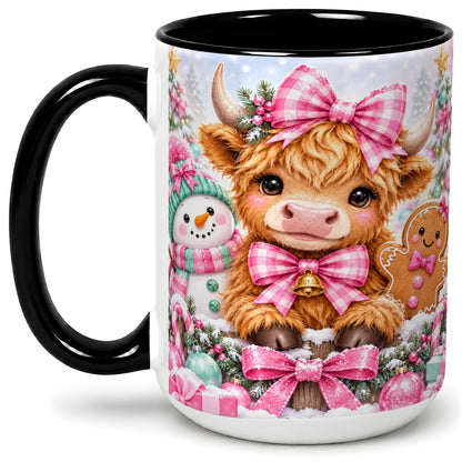 #pl[15oz|Black] Pink Highland Cow Christmas Ceramic Mug, Snowman Gingerbread Design