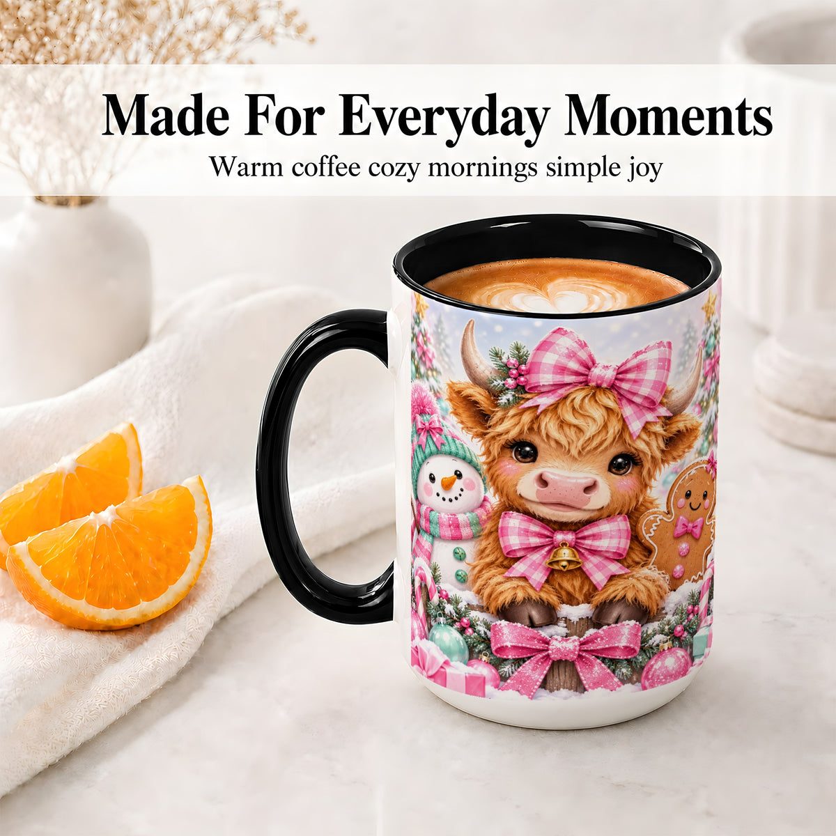 #pl[15oz|Black] Pink Highland Cow Christmas Ceramic Mug, Snowman Gingerbread Design