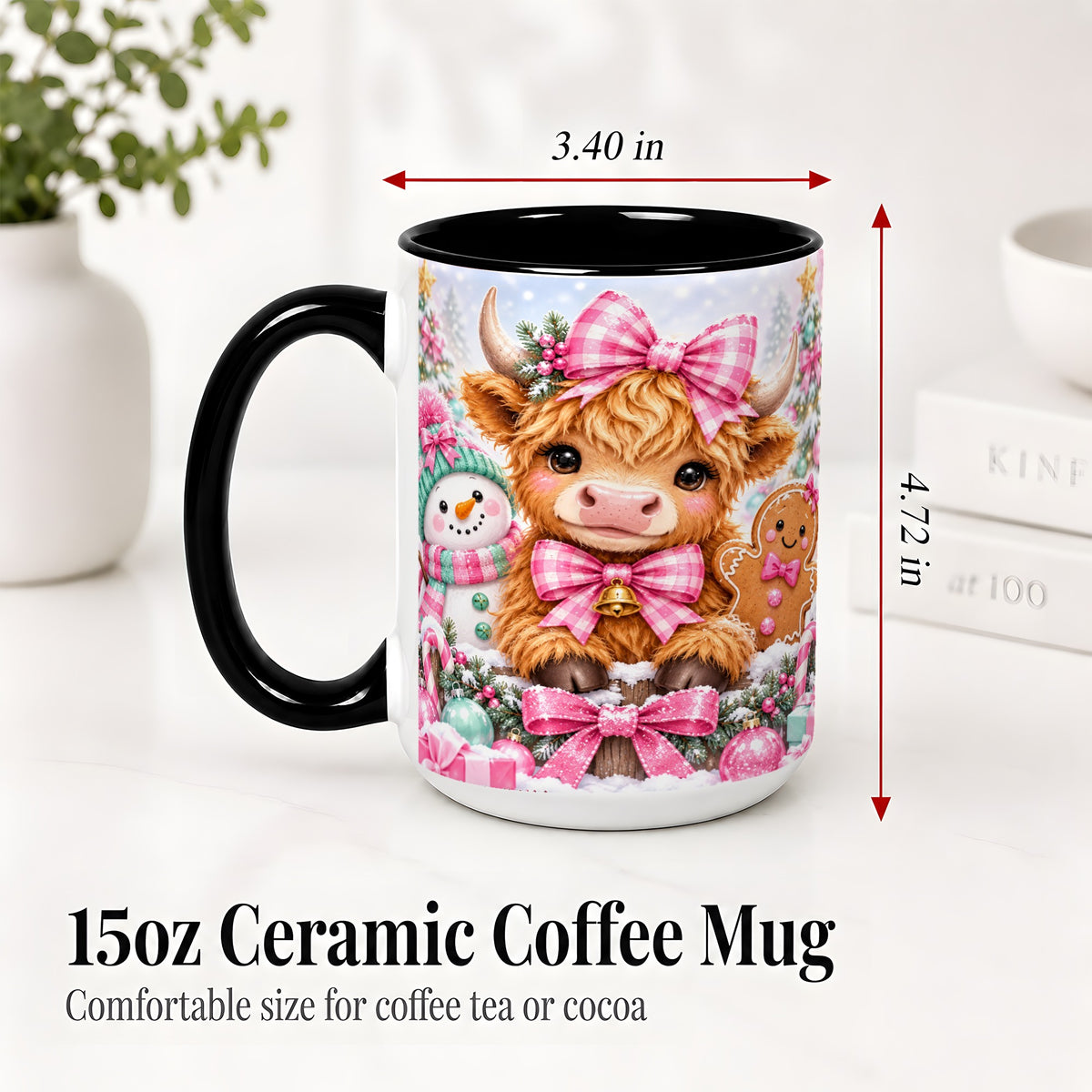 #pl[15oz|Black] Pink Highland Cow Christmas Ceramic Mug, Snowman Gingerbread Design