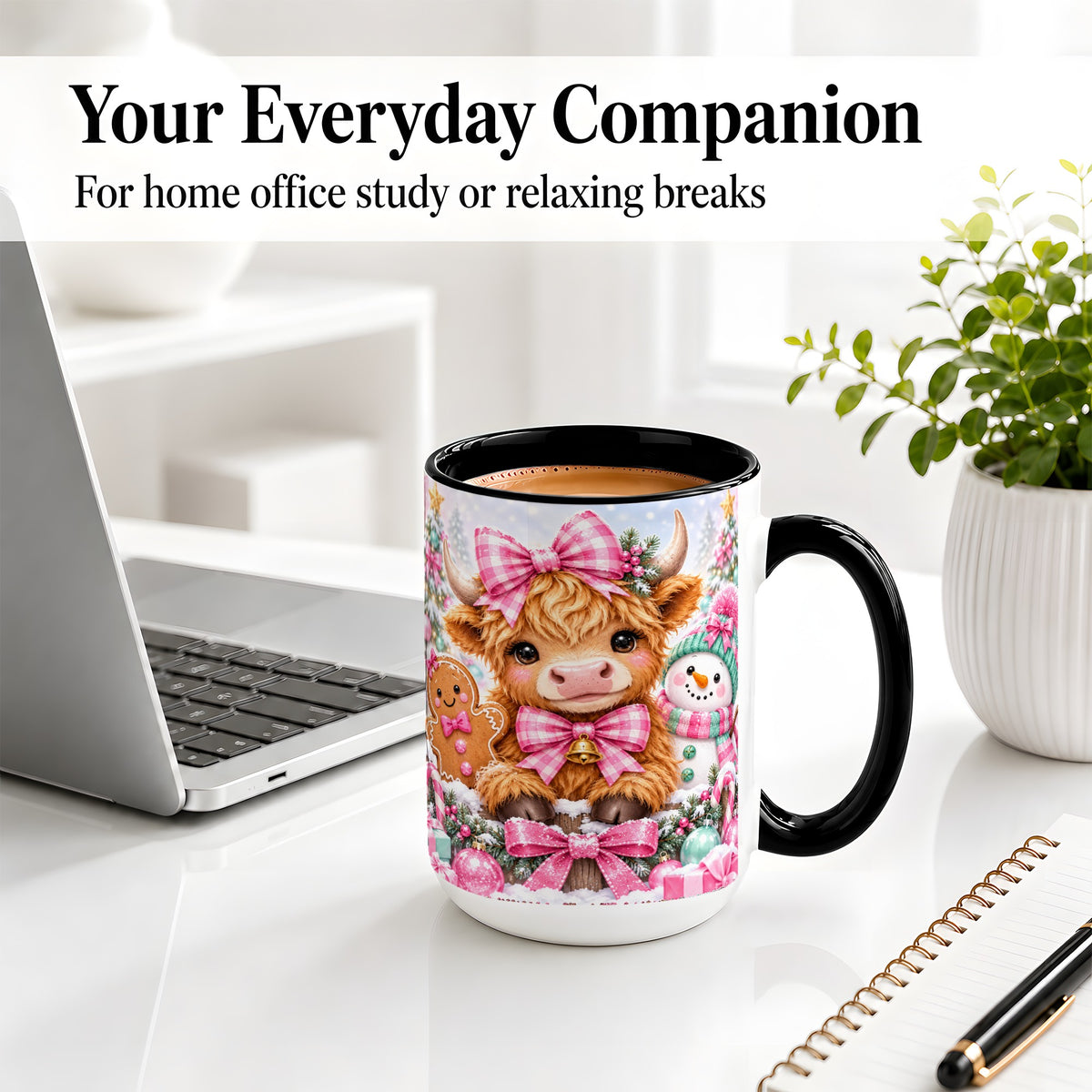 #pl[15oz|Black] Pink Highland Cow Christmas Ceramic Mug, Snowman Gingerbread Design