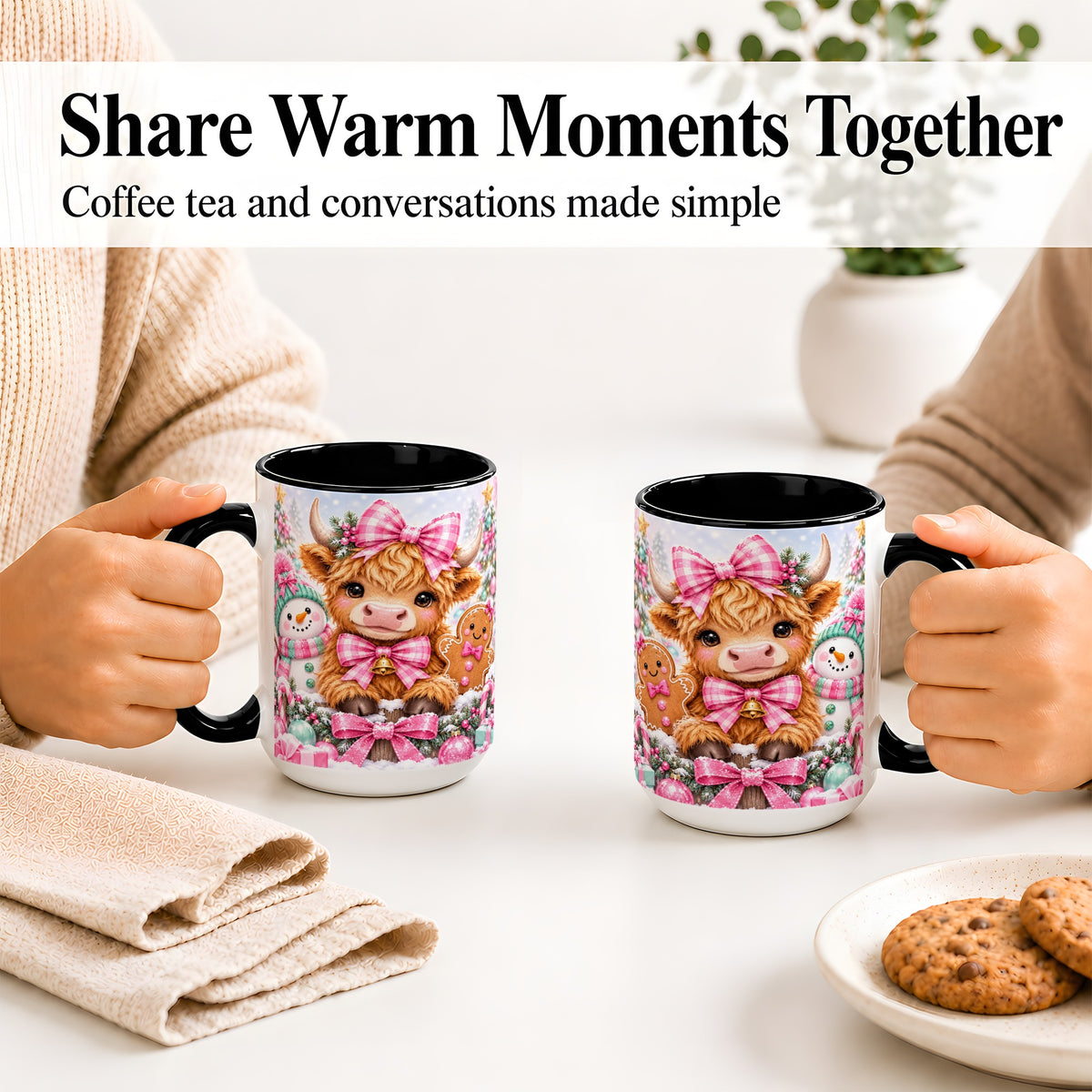 #pl[15oz|Black] Pink Highland Cow Christmas Ceramic Mug, Snowman Gingerbread Design