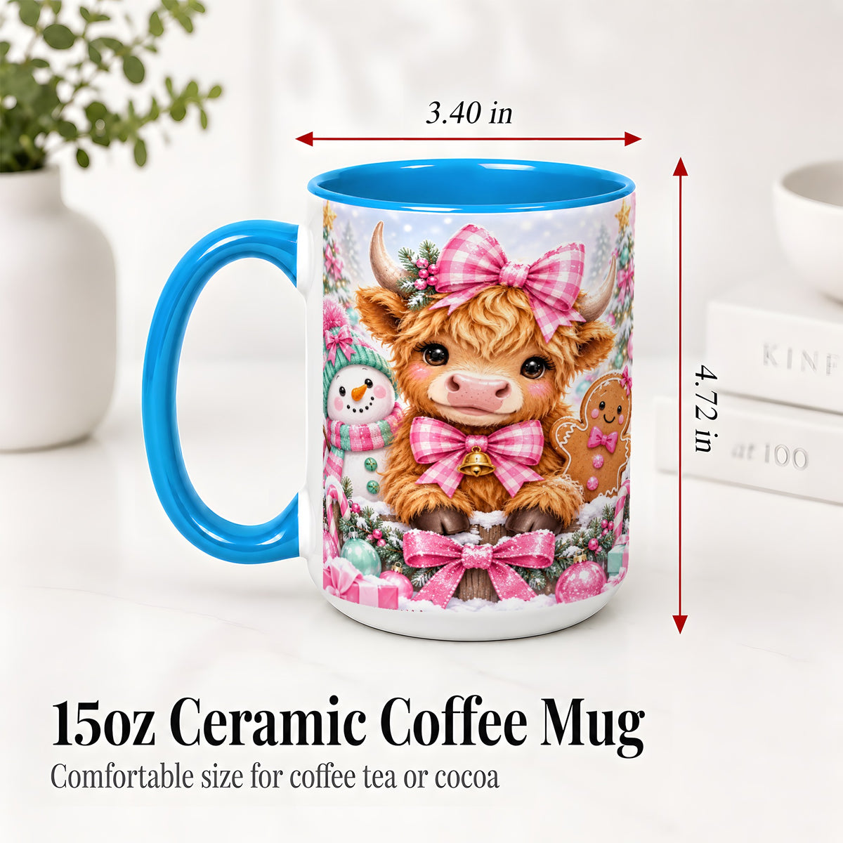 #pl[15oz|Blue] Pink Highland Cow Christmas Ceramic Mug, Snowman Gingerbread Design