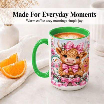 #pl[15oz|Green] Pink Highland Cow Christmas Ceramic Mug, Snowman Gingerbread Design