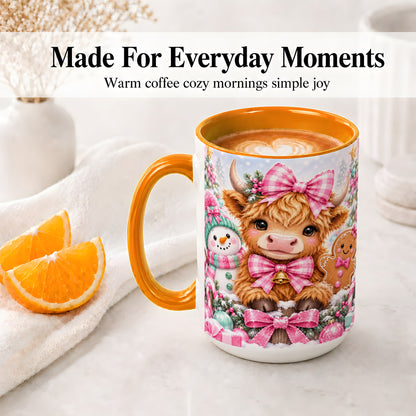 #pl[15oz|Orange] Pink Highland Cow Christmas Ceramic Mug, Snowman Gingerbread Design