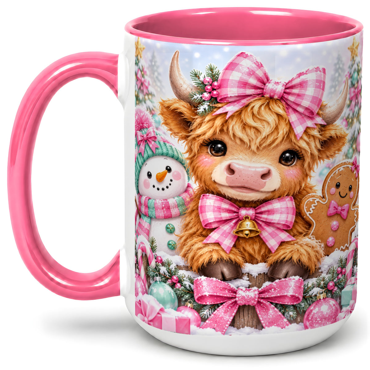 #pl[15oz|Pink] Pink Highland Cow Christmas Ceramic Mug, Snowman Gingerbread Design