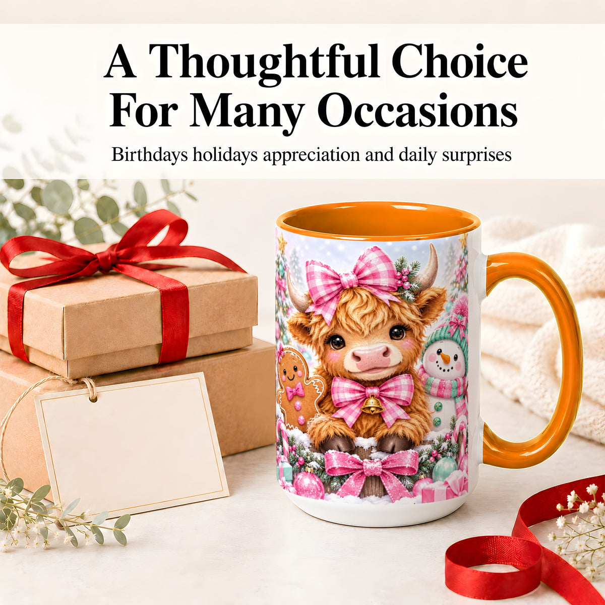 #pl[15oz|Orange] Pink Highland Cow Christmas Ceramic Mug, Snowman Gingerbread Design