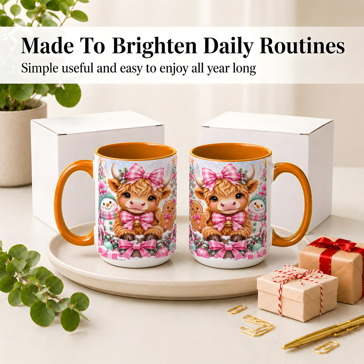 #pl[15oz|Orange] Pink Highland Cow Christmas Ceramic Mug, Snowman Gingerbread Design