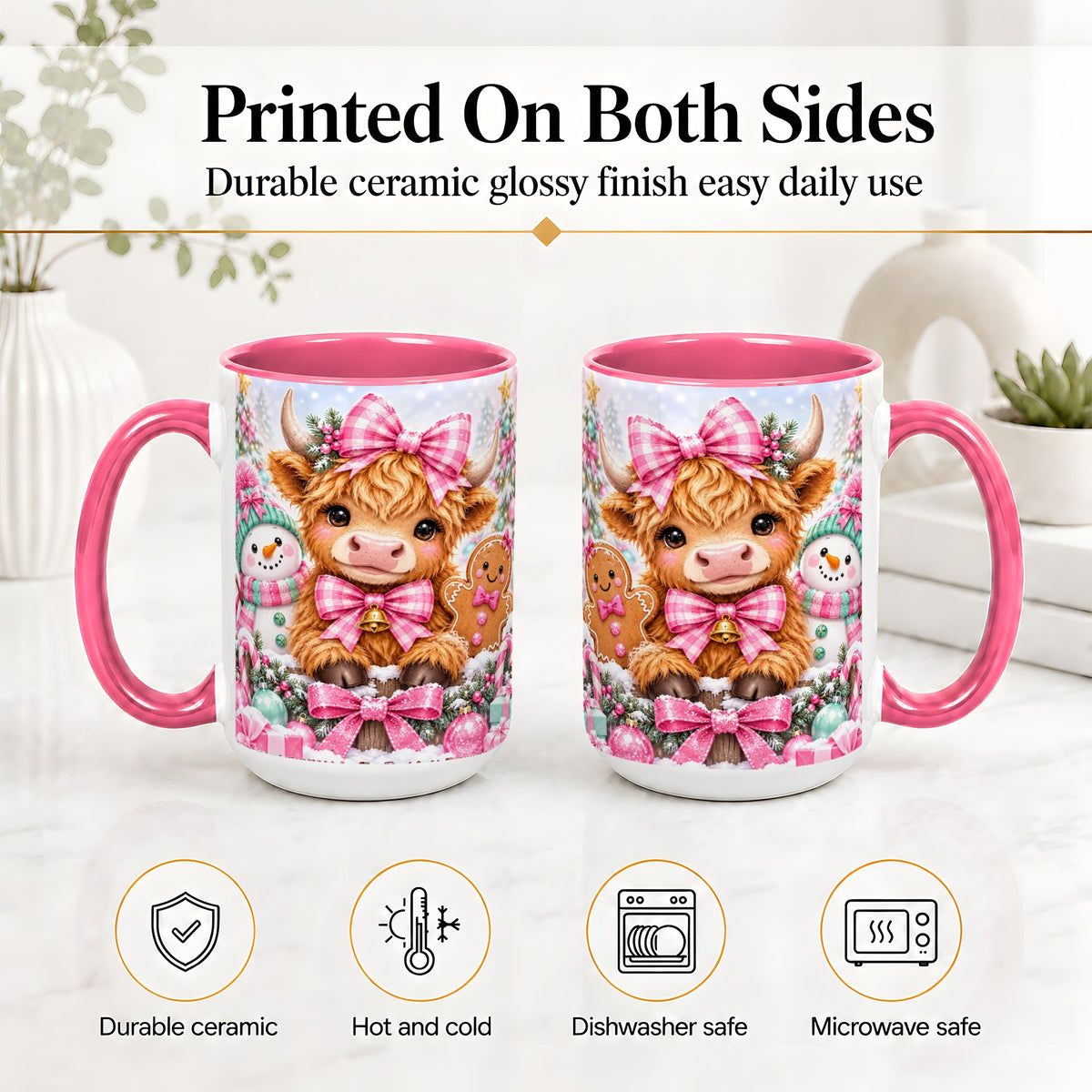 #pl[15oz|Pink] Pink Highland Cow Christmas Ceramic Mug, Snowman Gingerbread Design
