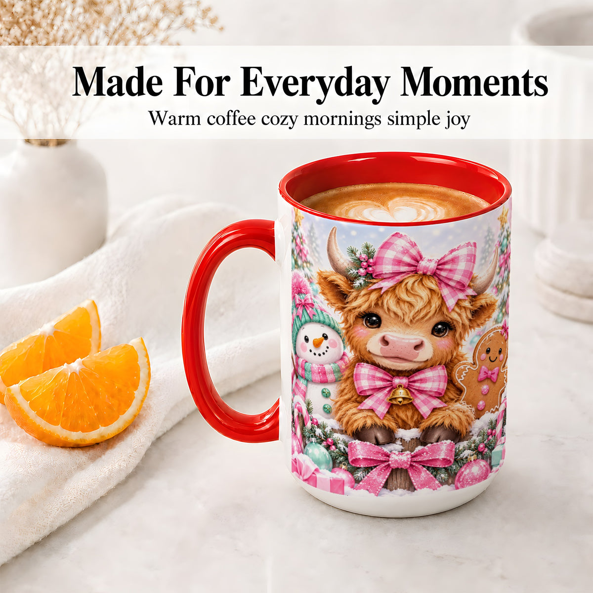 #pl[15oz|Red] Pink Highland Cow Christmas Ceramic Mug, Snowman Gingerbread Design
