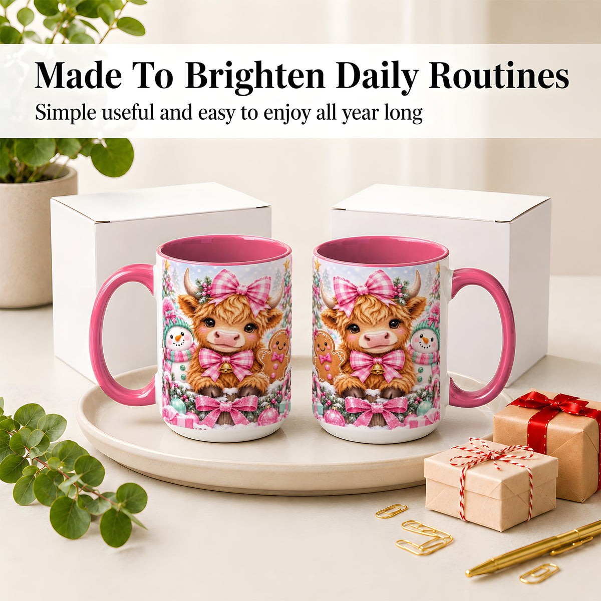 #pl[15oz|Pink] Pink Highland Cow Christmas Ceramic Mug, Snowman Gingerbread Design