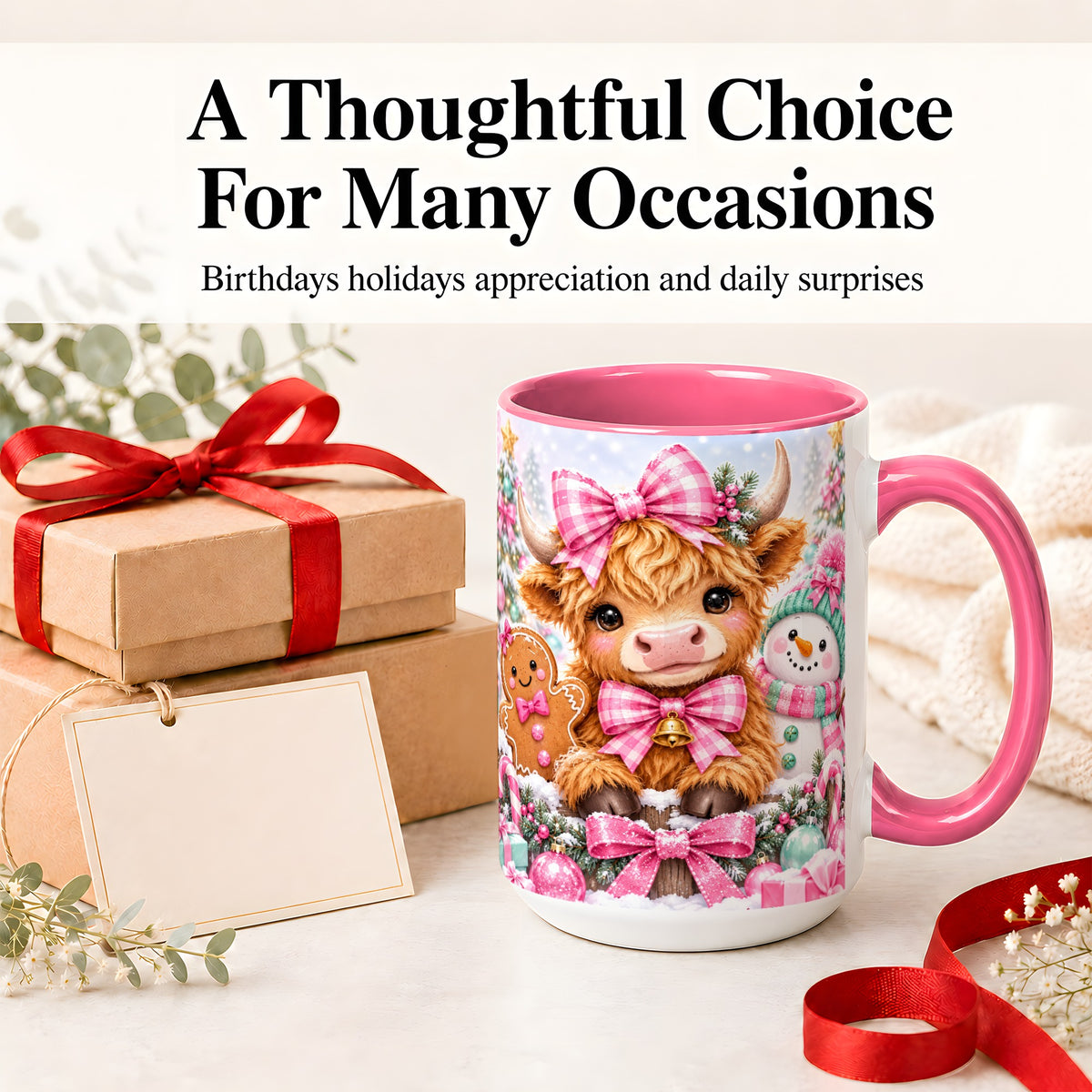 #pl[15oz|Pink] Pink Highland Cow Christmas Ceramic Mug, Snowman Gingerbread Design
