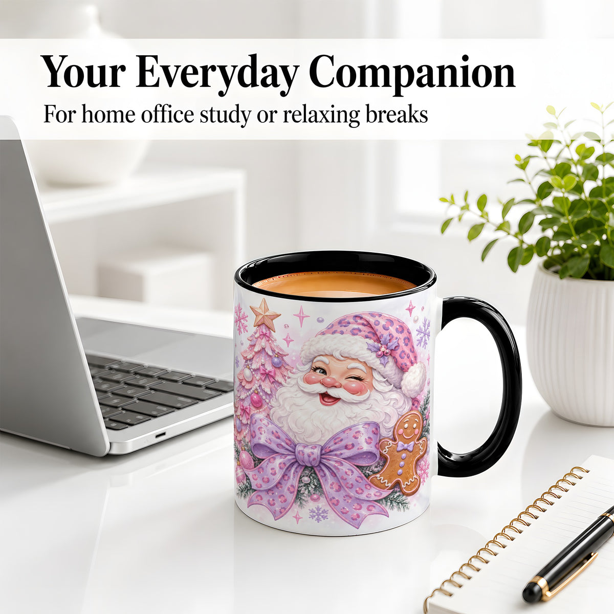#pl[11oz|Black] Pink Santa Christmas Ceramic Mug, Gingerbread Leopard Print Bow