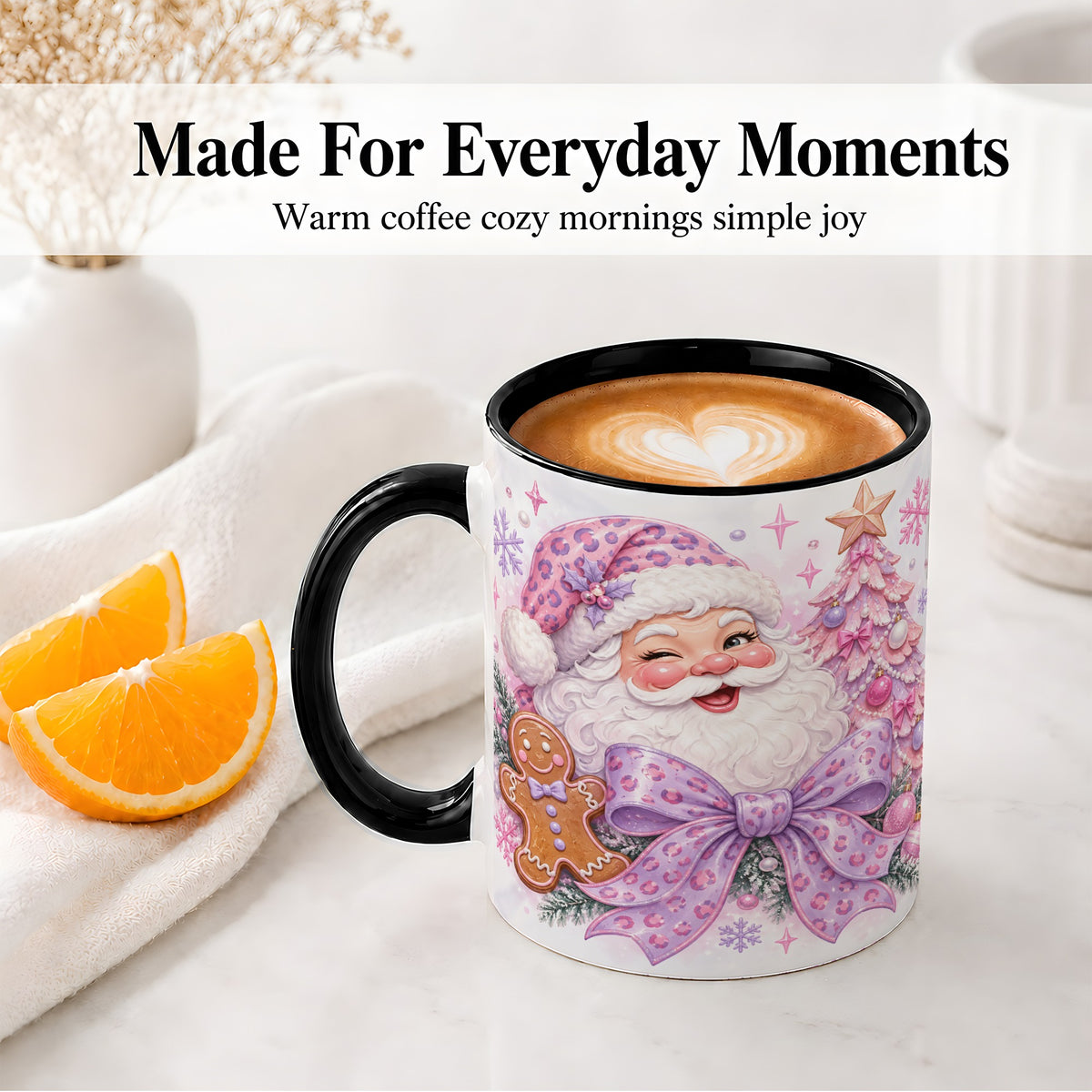 #pl[11oz|Black] Pink Santa Christmas Ceramic Mug, Gingerbread Leopard Print Bow