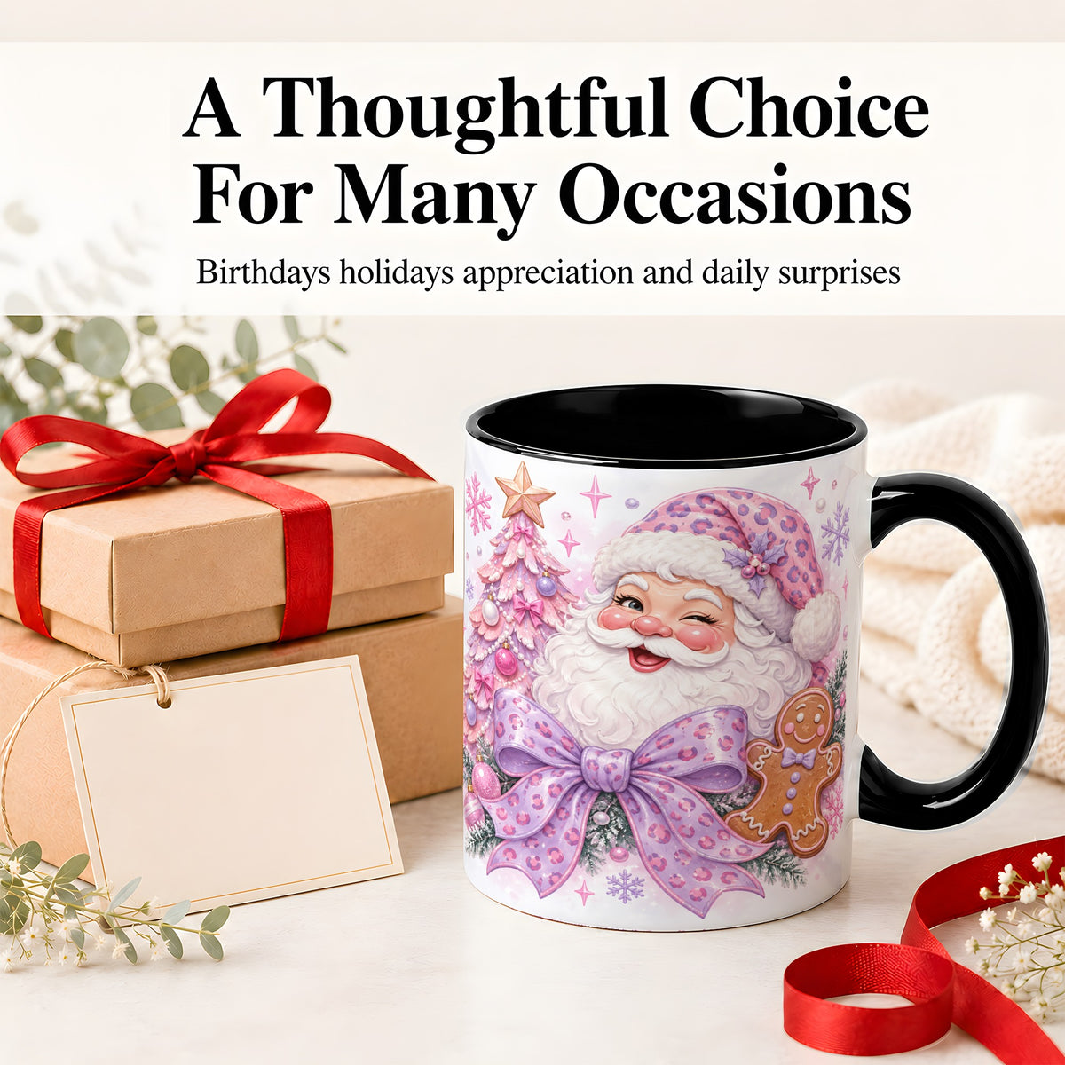 #pl[11oz|Black] Pink Santa Christmas Ceramic Mug, Gingerbread Leopard Print Bow