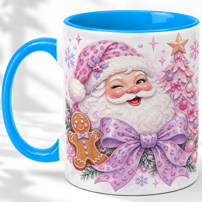 #pl[11oz|Blue] Pink Santa Christmas Ceramic Mug, Gingerbread Leopard Print Bow