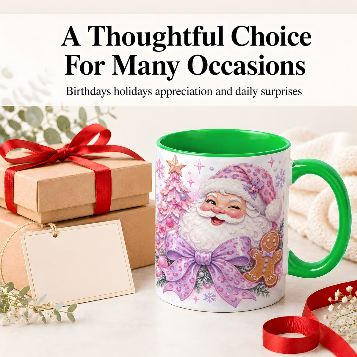 #pl[11oz|Green] Pink Santa Christmas Ceramic Mug, Gingerbread Leopard Print Bow