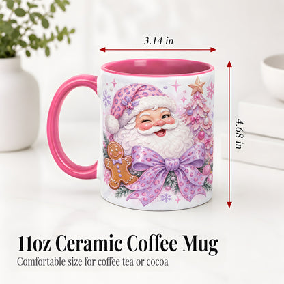 #pl[11oz|Pink] Pink Santa Christmas Ceramic Mug, Gingerbread Leopard Print Bow
