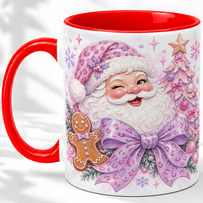 Pink Santa Christmas Ceramic Mug, Gingerbread Leopard Print Bow