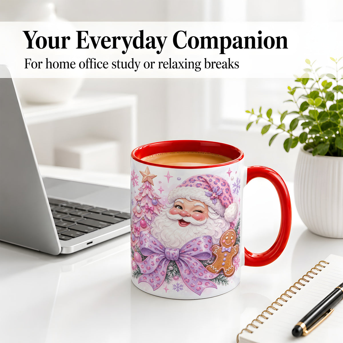 #pl[11oz|Red] Pink Santa Christmas Ceramic Mug, Gingerbread Leopard Print Bow
