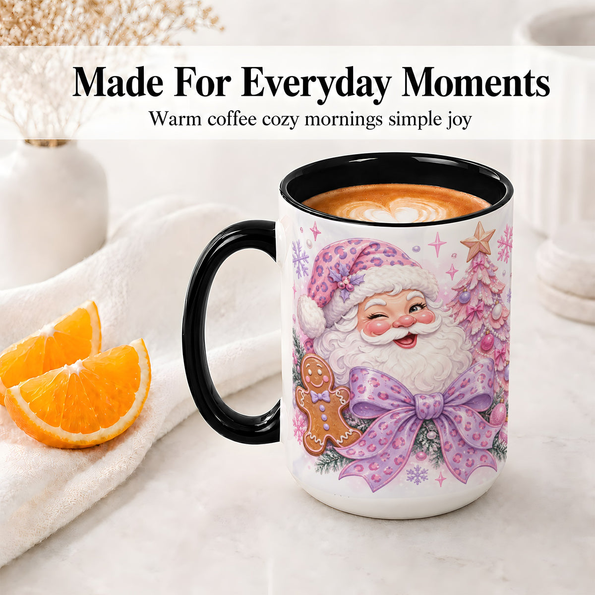 #pl[15oz|Black] Pink Santa Christmas Ceramic Mug, Gingerbread Leopard Print Bow