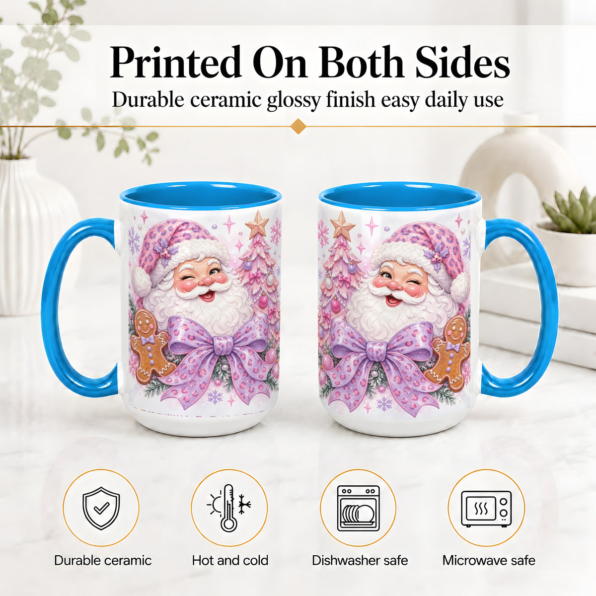 #pl[15oz|Blue] Pink Santa Christmas Ceramic Mug, Gingerbread Leopard Print Bow