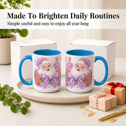 #pl[15oz|Blue] Pink Santa Christmas Ceramic Mug, Gingerbread Leopard Print Bow
