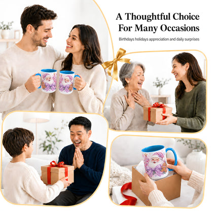 #pl[15oz|Blue] Pink Santa Christmas Ceramic Mug, Gingerbread Leopard Print Bow