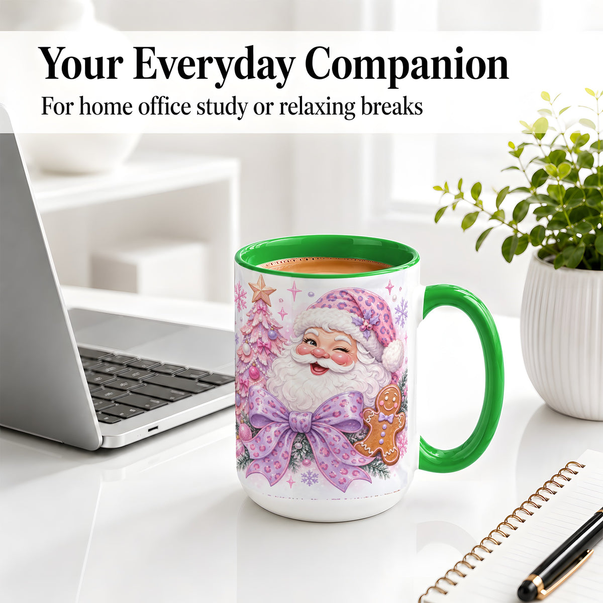 #pl[15oz|Green] Pink Santa Christmas Ceramic Mug, Gingerbread Leopard Print Bow