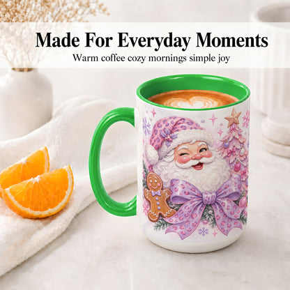 #pl[15oz|Green] Pink Santa Christmas Ceramic Mug, Gingerbread Leopard Print Bow