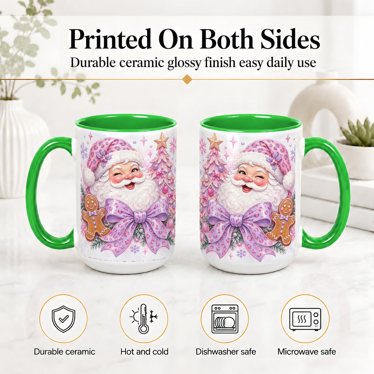 #pl[15oz|Green] Pink Santa Christmas Ceramic Mug, Gingerbread Leopard Print Bow