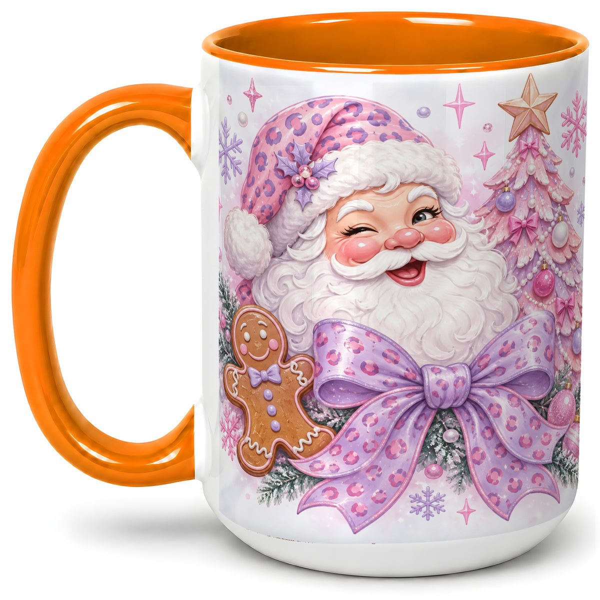 #pl[15oz|Orange] Pink Santa Christmas Ceramic Mug, Gingerbread Leopard Print Bow