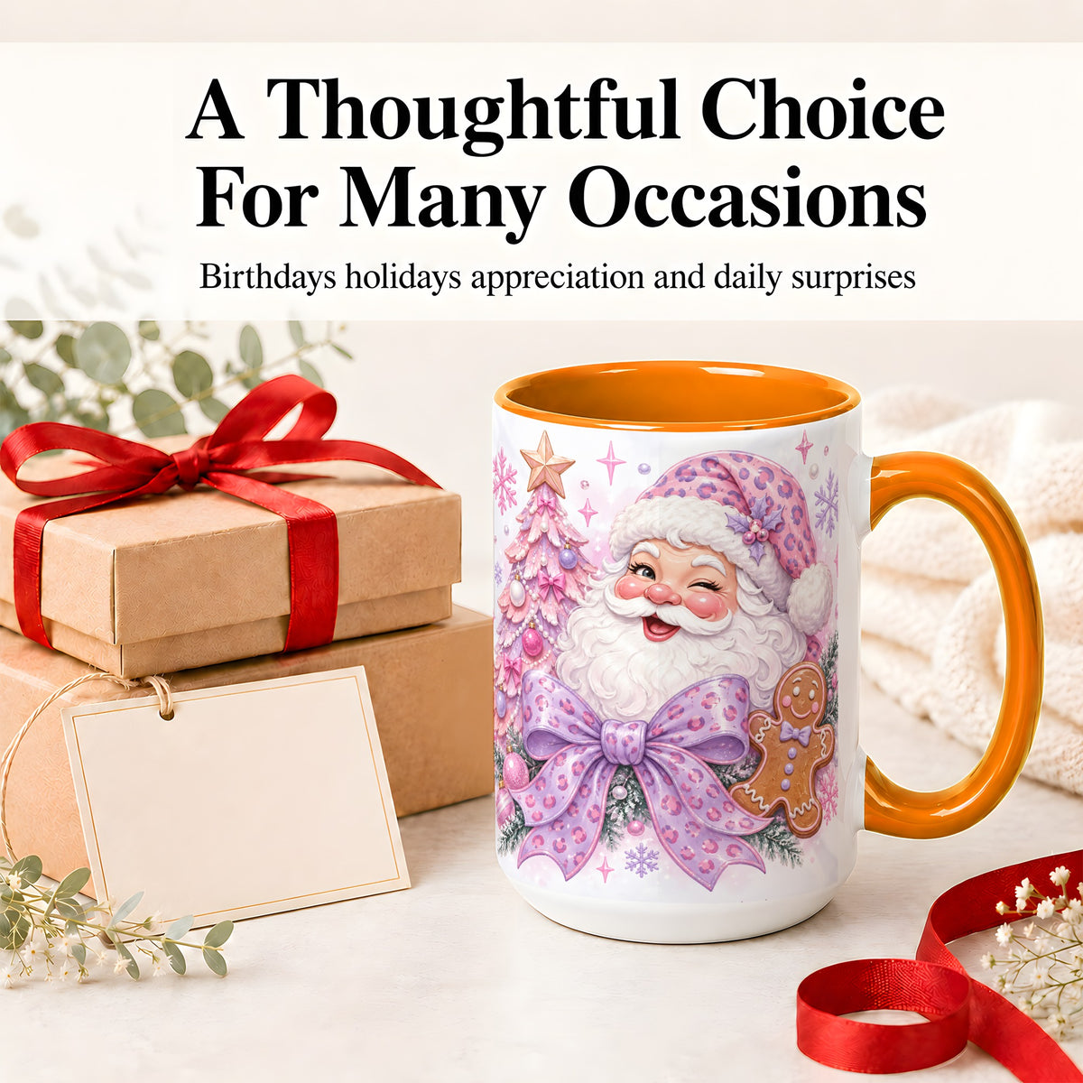 #pl[15oz|Orange] Pink Santa Christmas Ceramic Mug, Gingerbread Leopard Print Bow