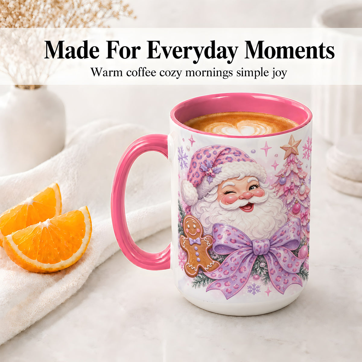#pl[15oz|Pink] Pink Santa Christmas Ceramic Mug, Gingerbread Leopard Print Bow