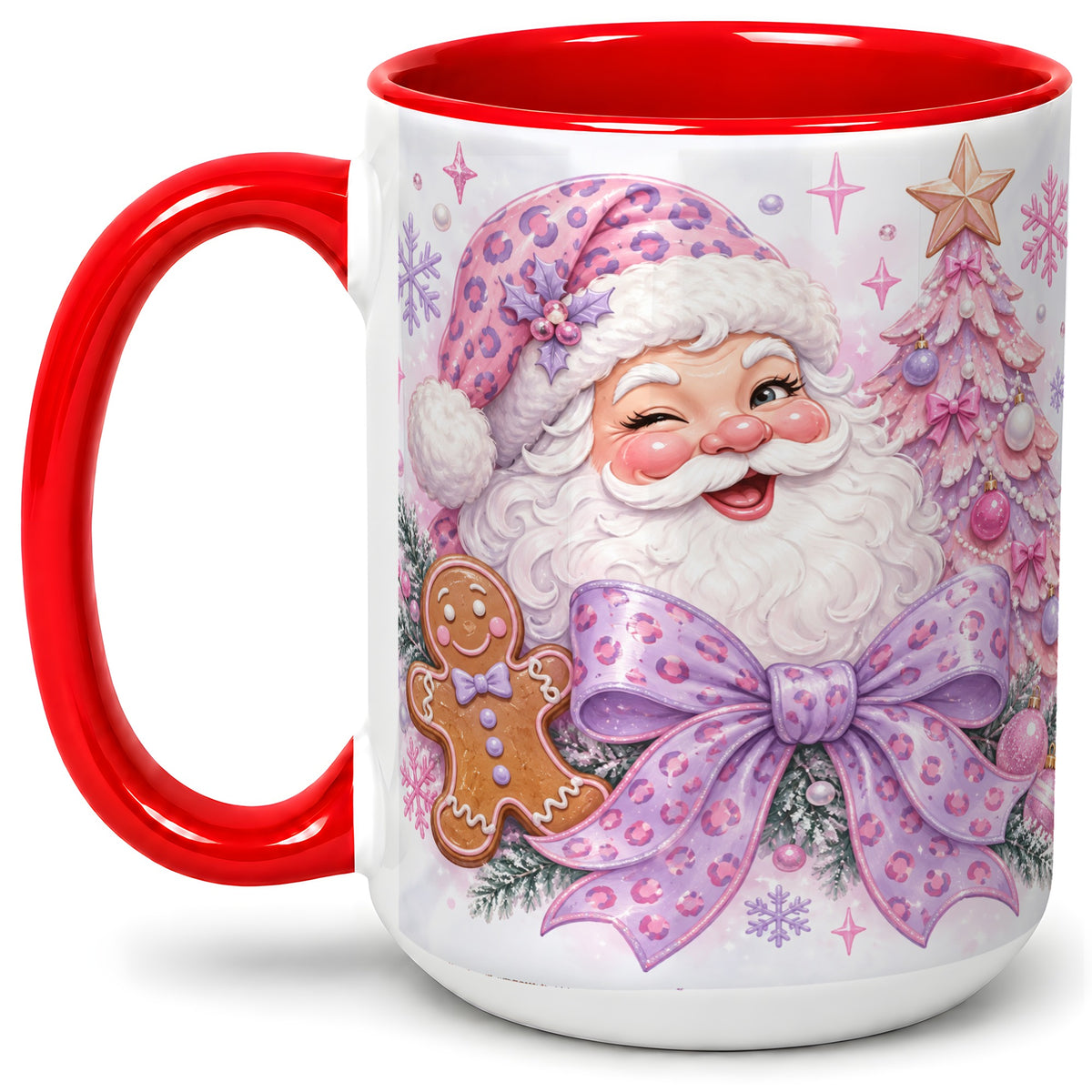 #pl[15oz|Red] Pink Santa Christmas Ceramic Mug, Gingerbread Leopard Print Bow