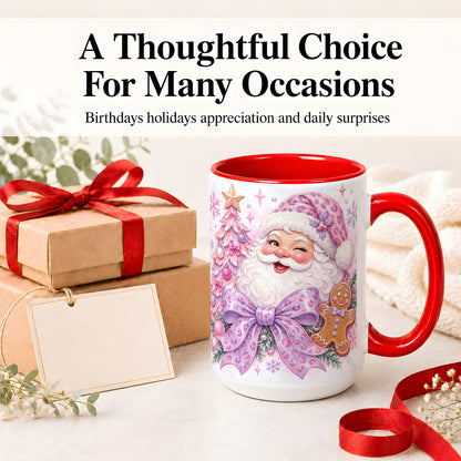 #pl[15oz|Red] Pink Santa Christmas Ceramic Mug, Gingerbread Leopard Print Bow