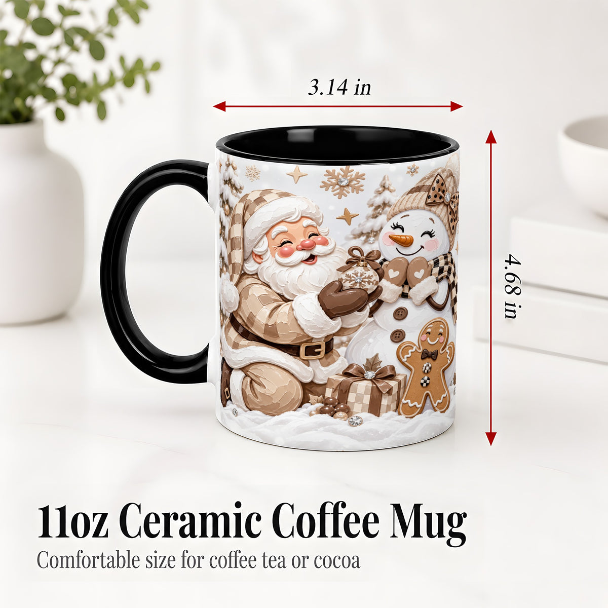 #pl[11oz|Black] Neutral Christmas Santa Ceramic Mug with Snowman Holiday Artwork