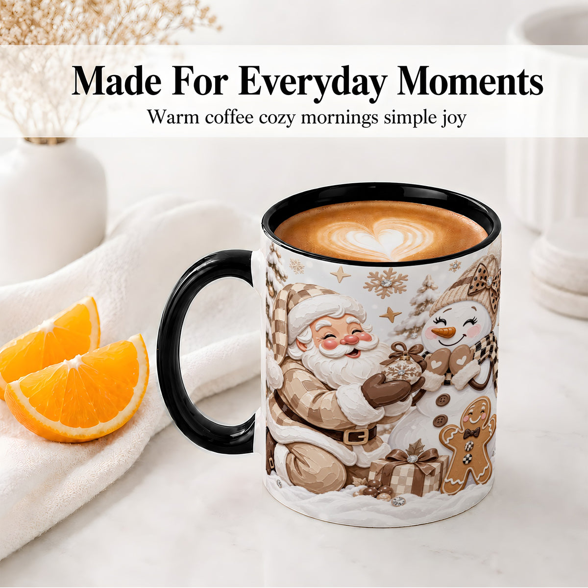 #pl[11oz|Black] Neutral Christmas Santa Ceramic Mug with Snowman Holiday Artwork